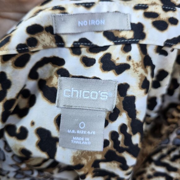 Chico's Size 0 I US 4/6 Small Leopard Cheetah Print No Iron Shirt Collared - Picture 2 of 5